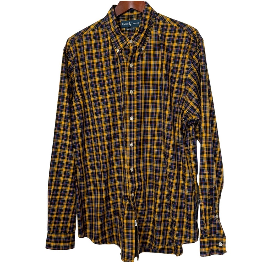 Ralph Lauren Mens XL Custom Fit Plaid Button Down Shirt Yellow Blue Black Cotton